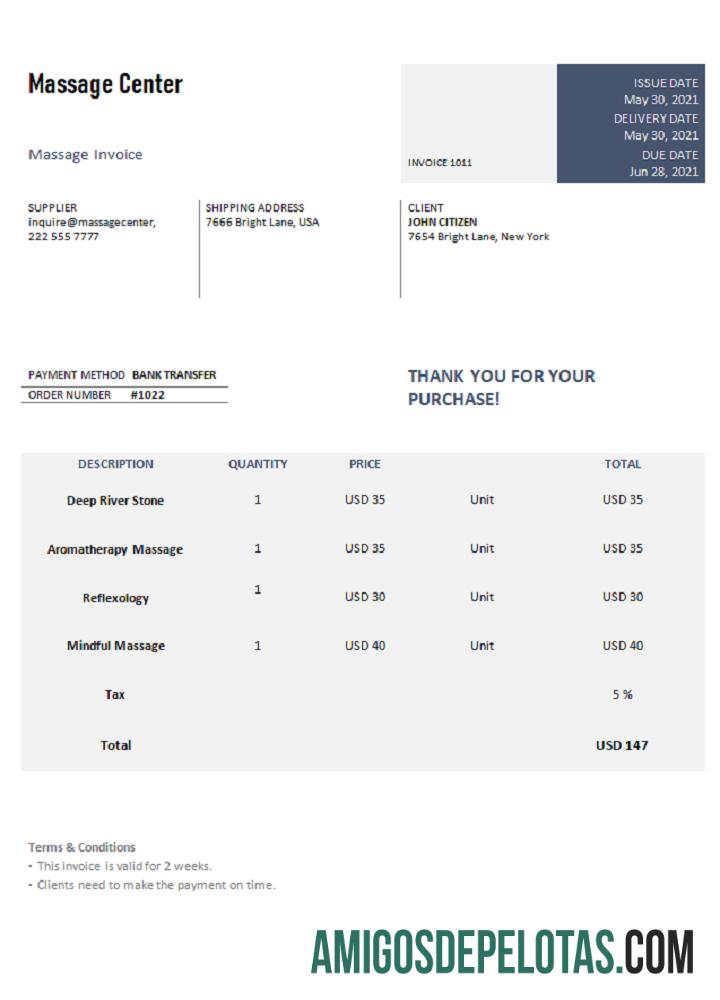 Fatura do Centro de Massagens dos EUA exemplo real